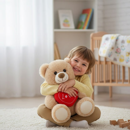 enfant tenant ours en peluche brun coeur love muebear