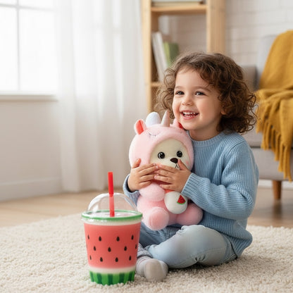 enfant tenant ours peluche transfromable chicours licorne