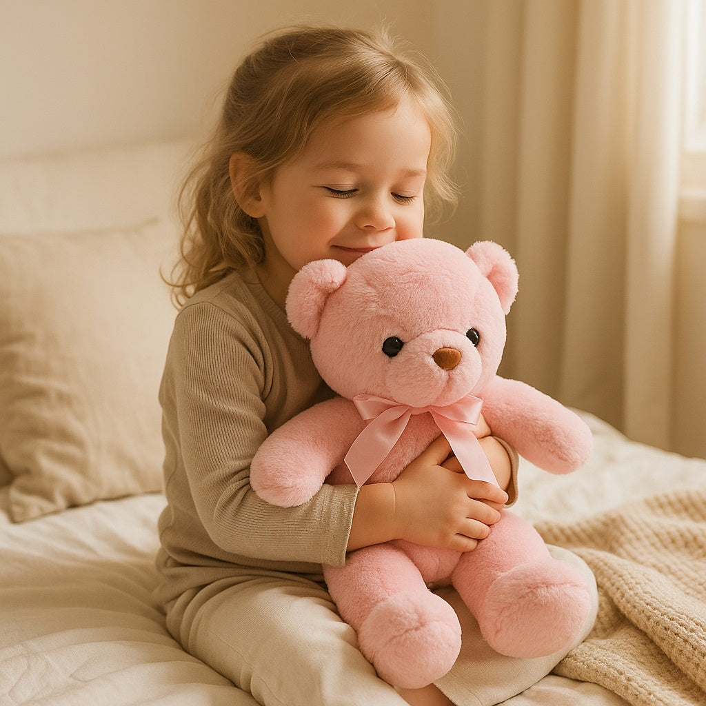 enfant tenant un ours en peluche douxcalin rose de 30cm