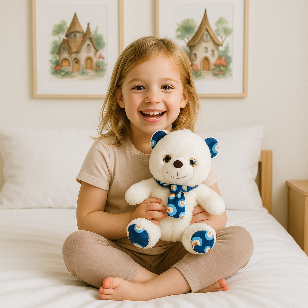 enfant tenant un ours peluche bleu luckymueplush