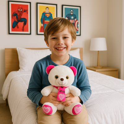 enfant tenant un ours peluche rose luckymueplush