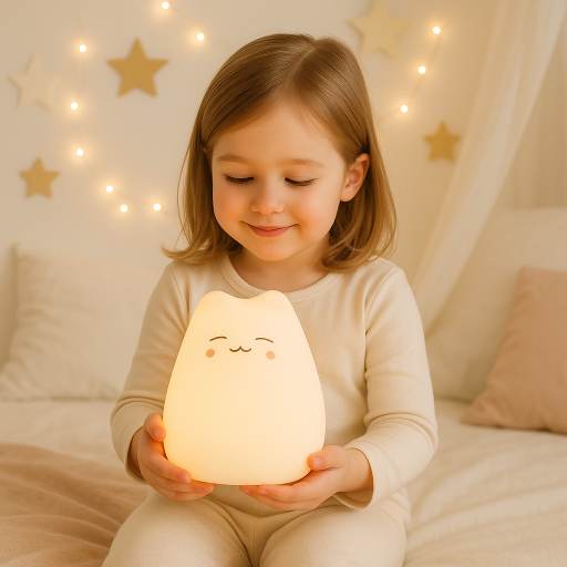 enfant tenant une mignone veilleuse chat tactile