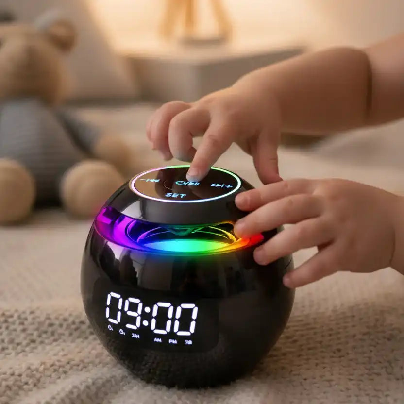 Enfant utilisant les boutons du réveil musibright