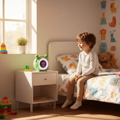 enfants dans chambre avec reveil enfant joyeuxmatin grenouille