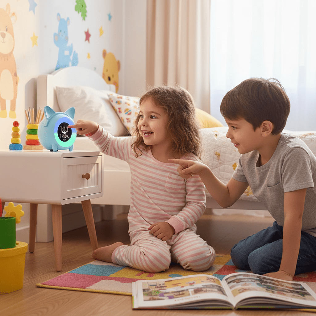 enfants jouent avec reveil enfant joyeuxmatin chat bleu
