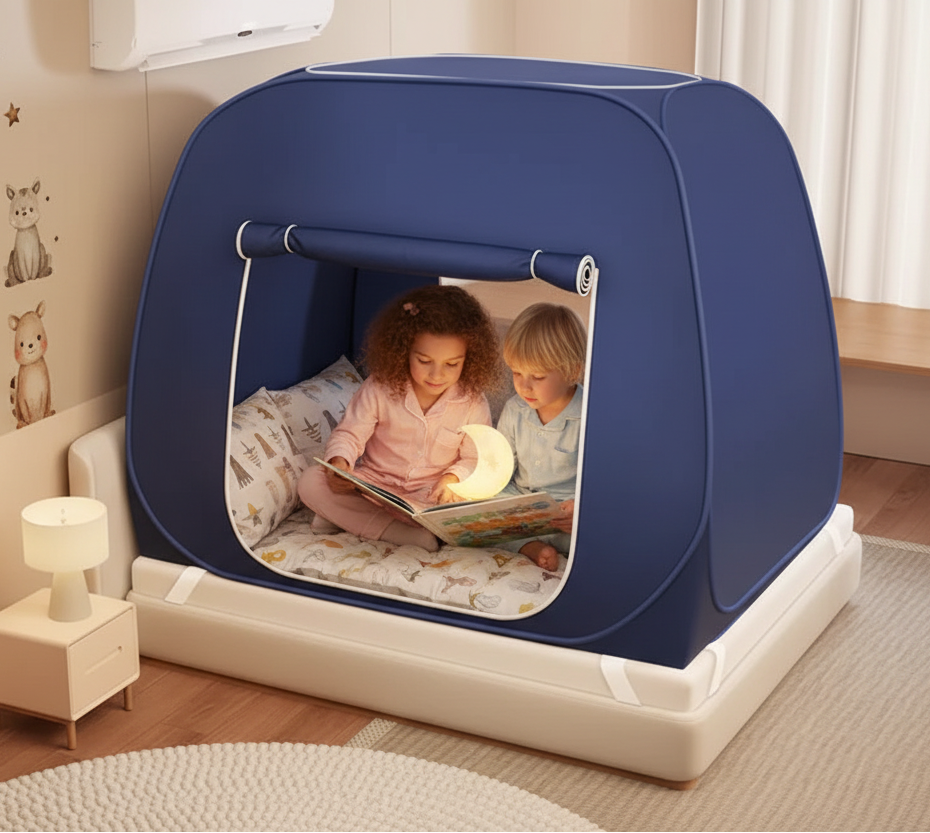 Enfants lisant dans la tente moustiquaire