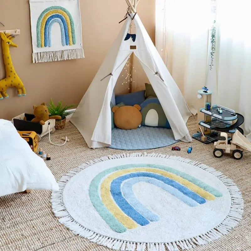 espace de jeu avec tapis arc en ciel bande bleue