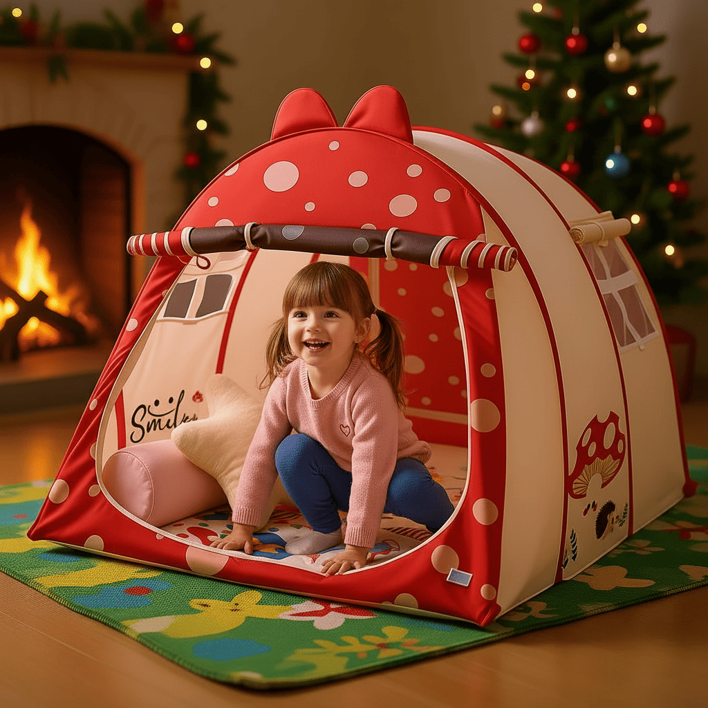 fillette de 5 ans jouant dans la tente rouge gamehouse