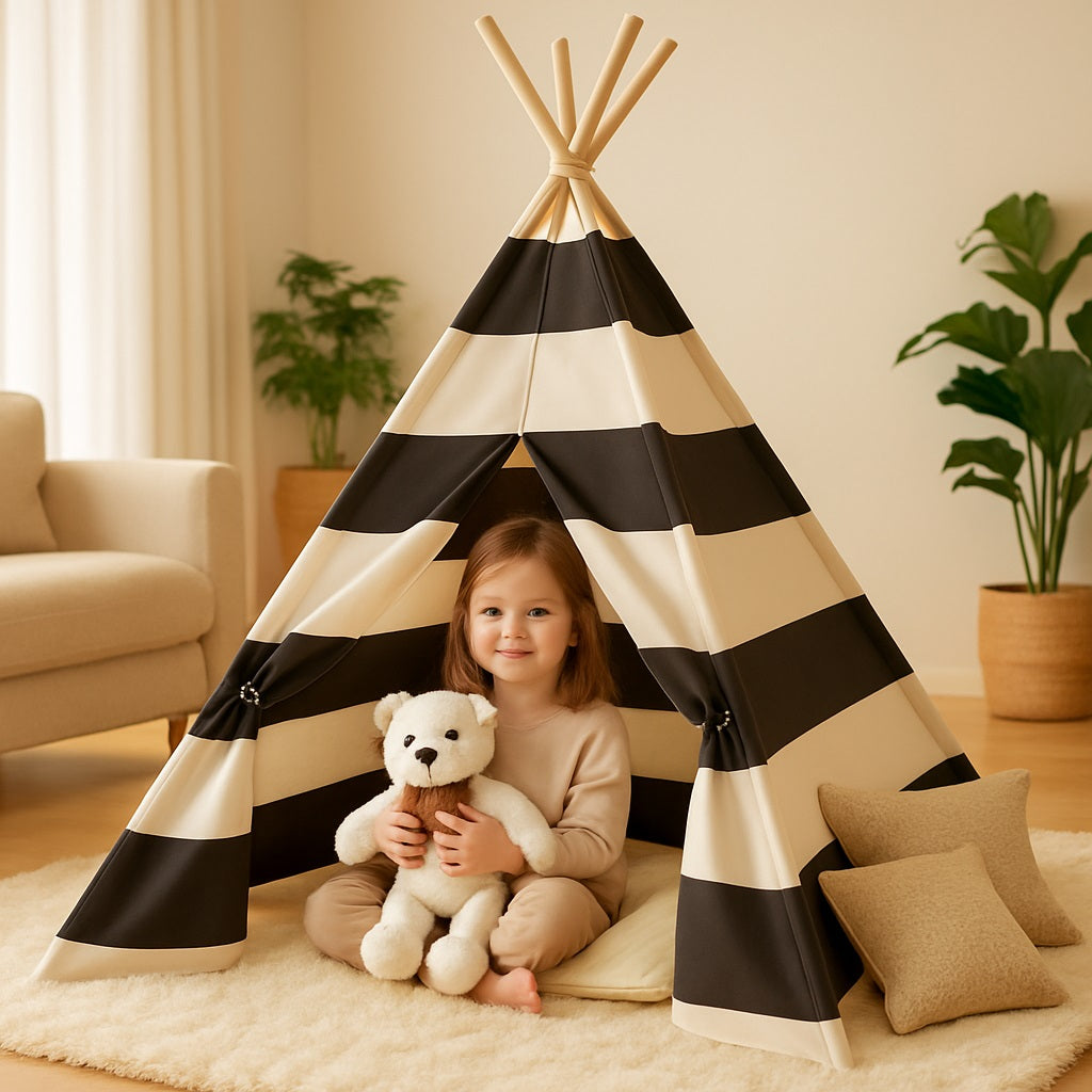 fillette devant son tipi enfant muetipy a bandes noir et blanc