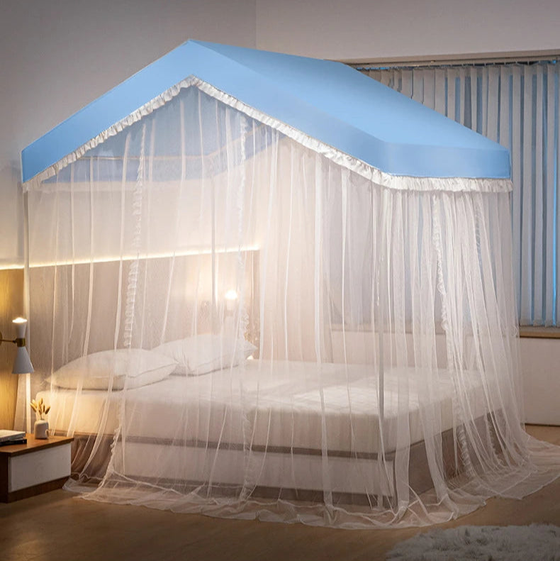 grand ciel de lit cabane bleu moustiquaire