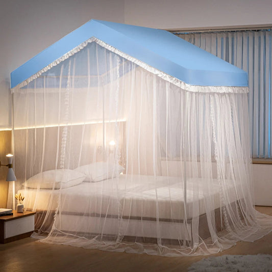 grand ciel de lit cabane bleu moustiquaire