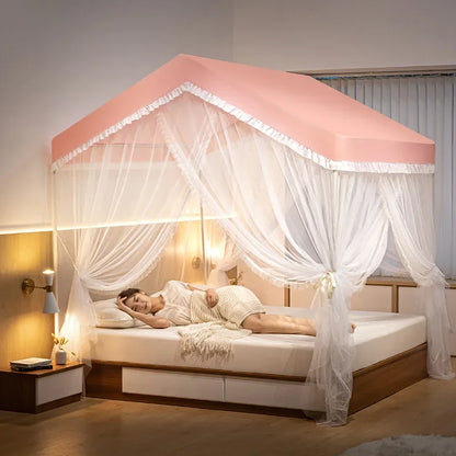 grand ciel de lit cabane rose fille couchee