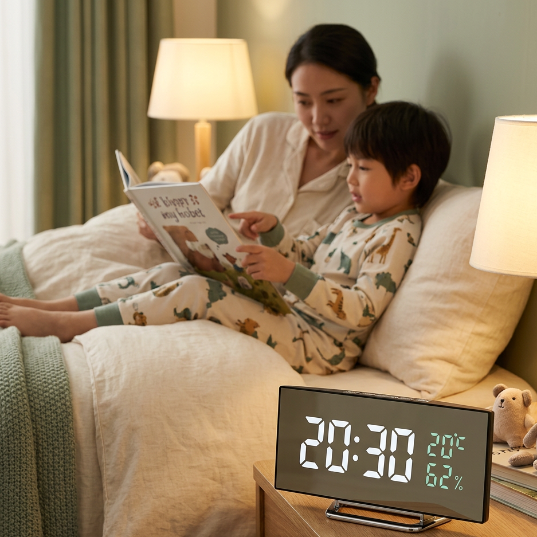 Horloge près du lit pendant la lecture du soir MirClock