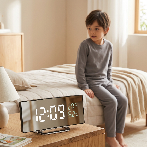 Horloge sur la table de chevet avec un enfant au réveil MirClock