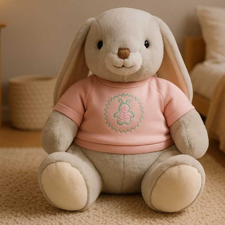 lapin en peluche rose dans la chambre
