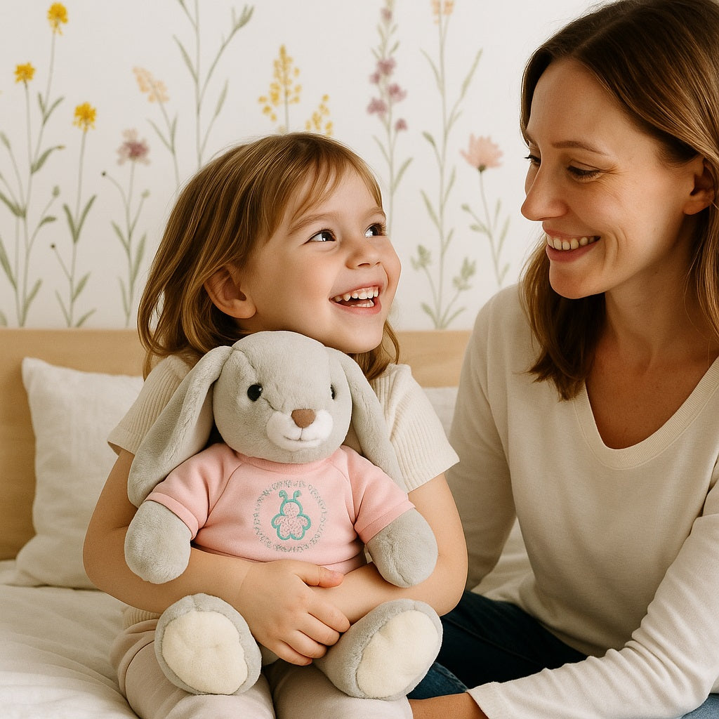 lapin en peluche rose en famille