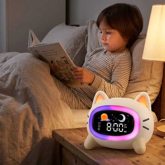 Lecture du soir avec le réveil chat près du lit