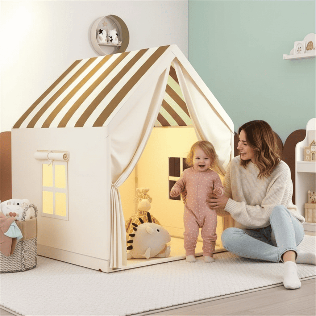 tente cabane enfant rose avec tapis et décorations | MagicNest™ - Mon Univers Enfant