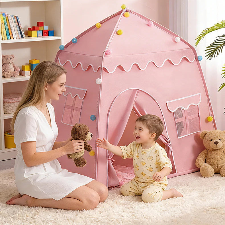 maman et enfant dans tente cabane enfant pliable rose secrethideout