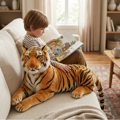 Moment lecture avec la peluche tigre animalin