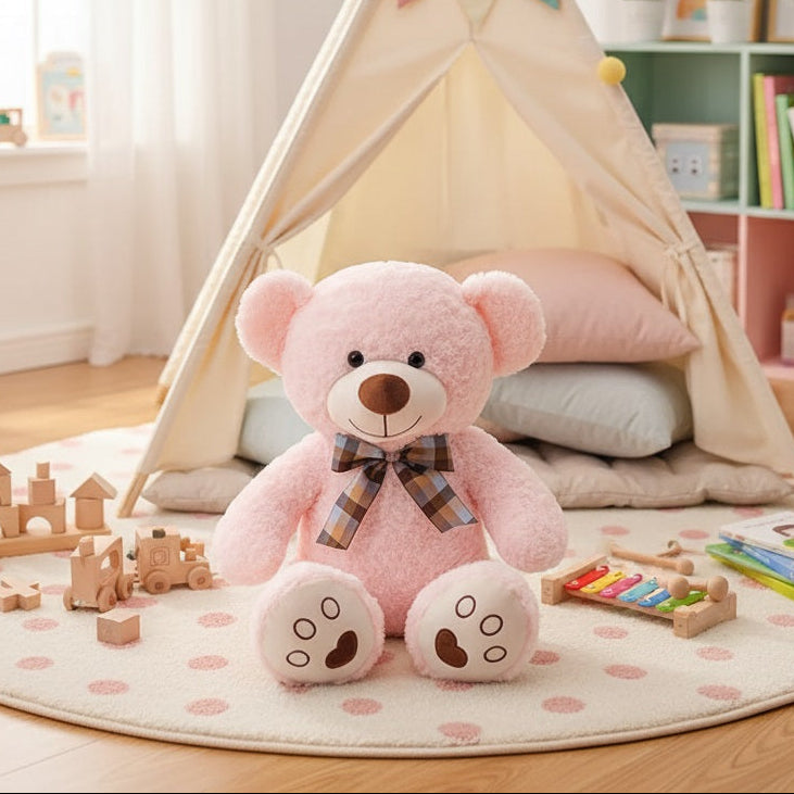 ours en peluche géant rose MueBearPlush dans chambre enfant
