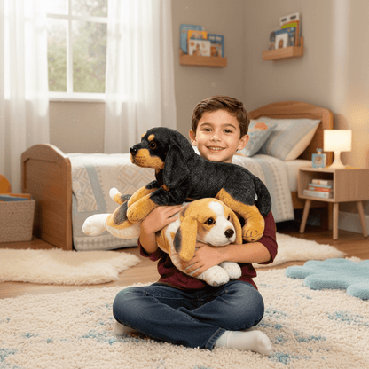 peluche chiot réaliste noir doudou chien tout doux pour enfant puppydolldans Chambre enfant cosy
