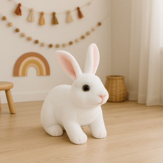 peluche lapin réaliste blanc assis RabbitPlush dans la chambre d'enfant