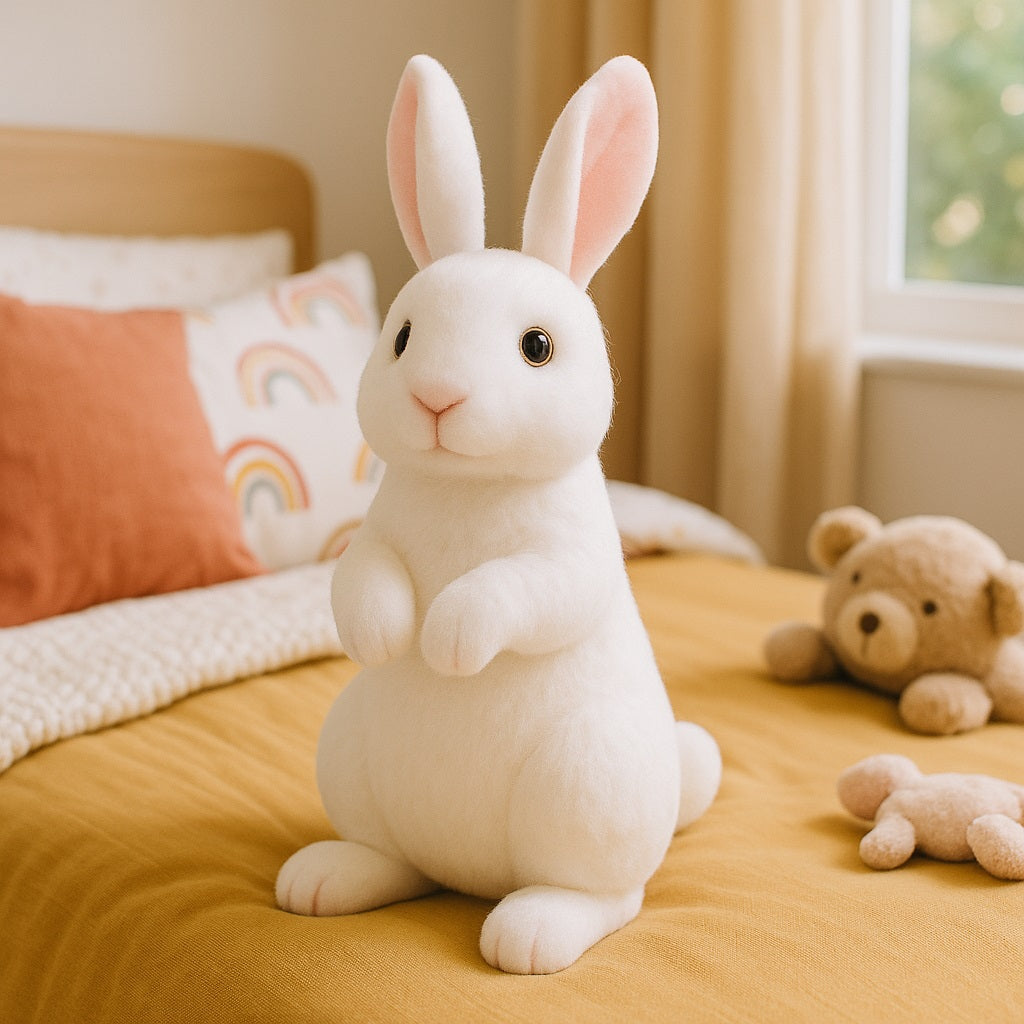 peluche lapin réaliste blanc debout RabbitPlush dans la chambre d'enfant