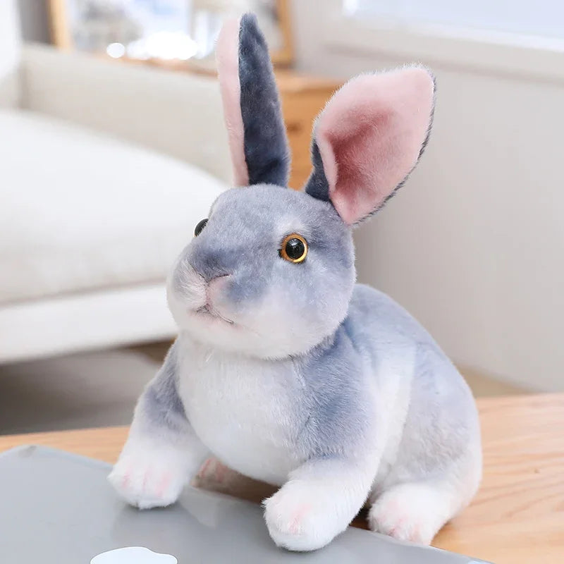 peluche lapin realiste gris RabbitPlush assis 20 a 30cm