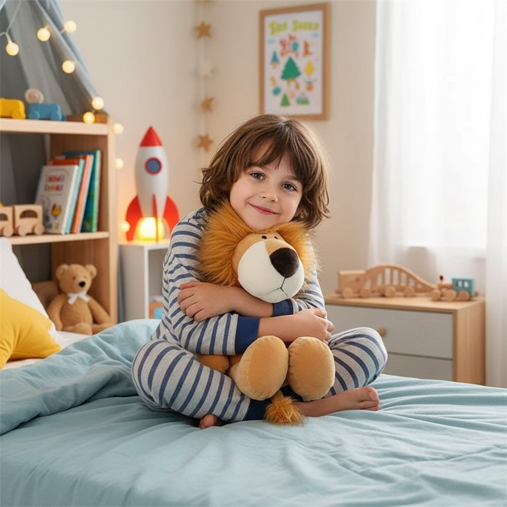 peluche lion avec enfant dans sa chambre MueForet