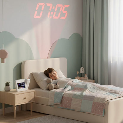 radio réveil projecteur douceurmatinale blanc dans chambre d'enfant