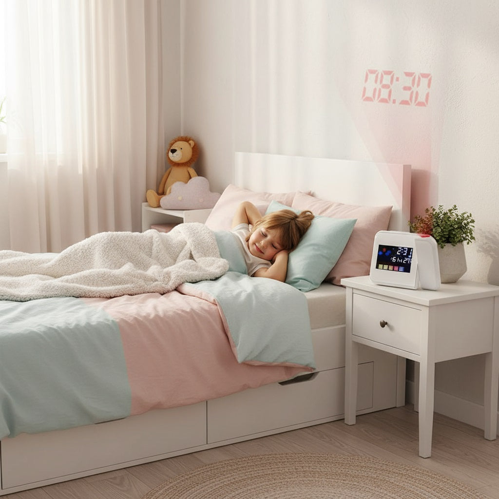 radio réveil projecteur douceurmatinale blanc sur table d'enfant