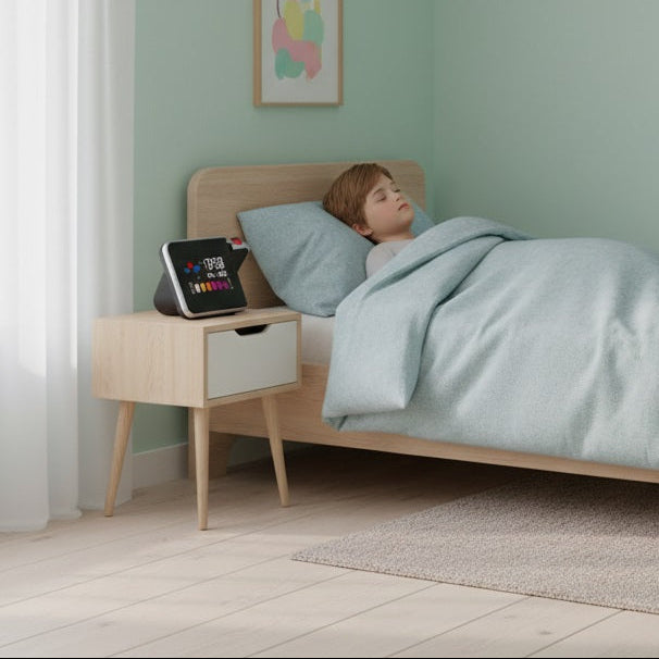 radio réveil projecteur douceurmatinale noir dans chambre d'enfant