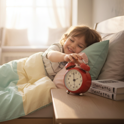 Réveil analogique rétro rouge avec un enfant