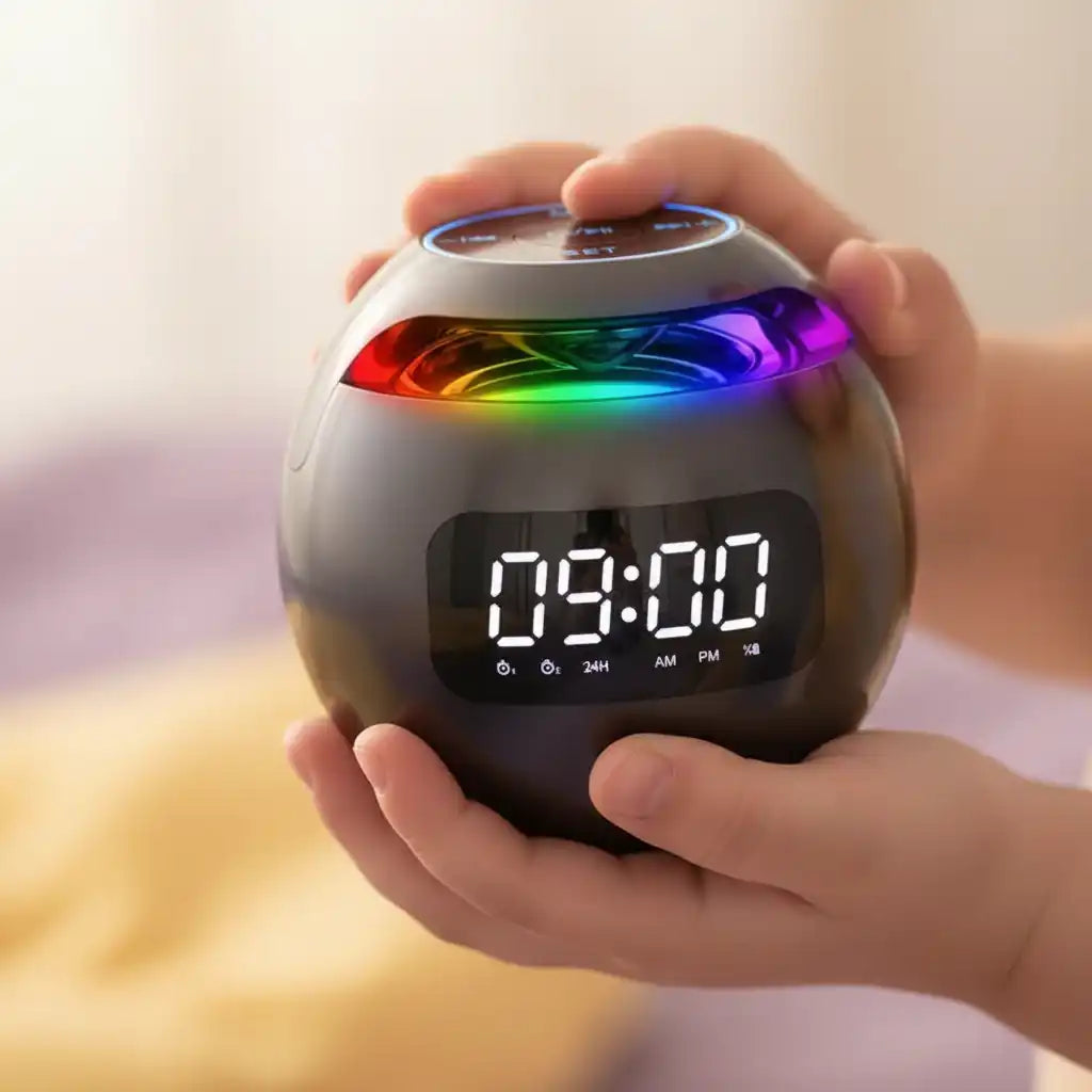 Réveil musibright dans les mains d'un enfant - gros plan