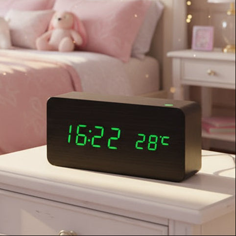 reveil numerique en bois precisclock brun sur table