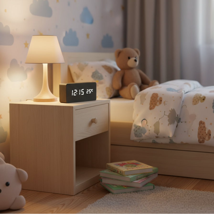 reveil numerique en bois precisclock sur table de chevet denfant