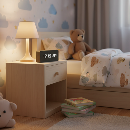 reveil numerique en bois precisclock sur table de chevet denfant