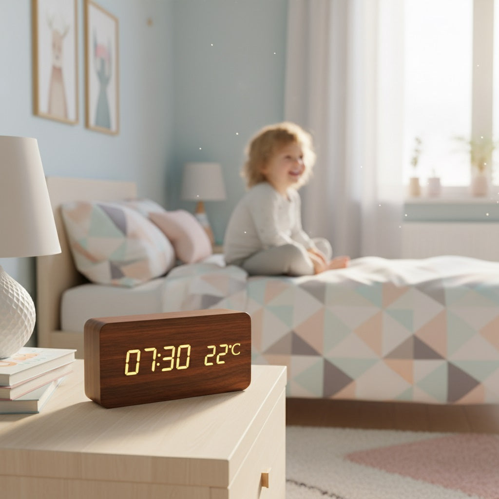 reveil numerique precisclock bois dans chambre d'enfant