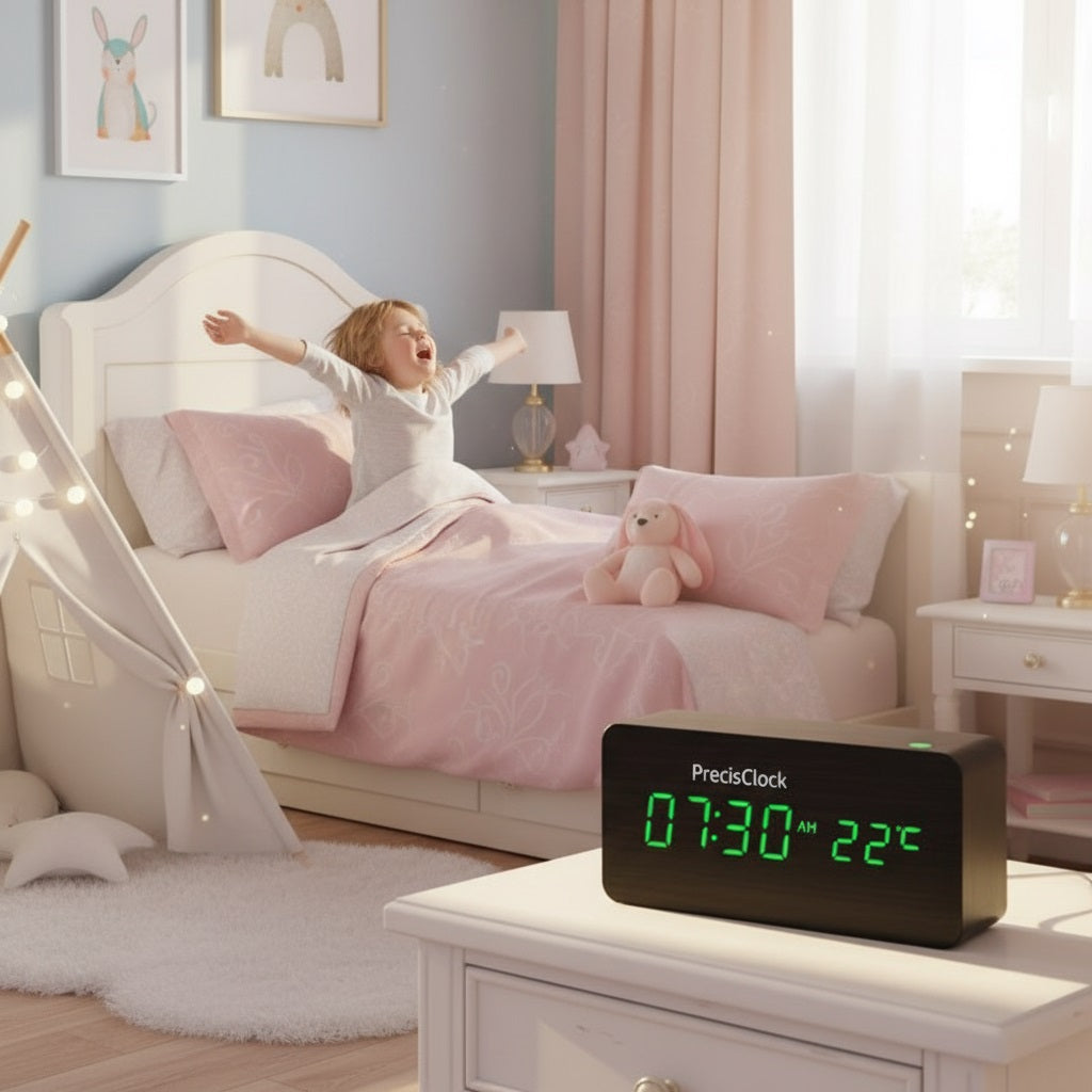 reveil numerique precisclock brun dans chambre d'enfant