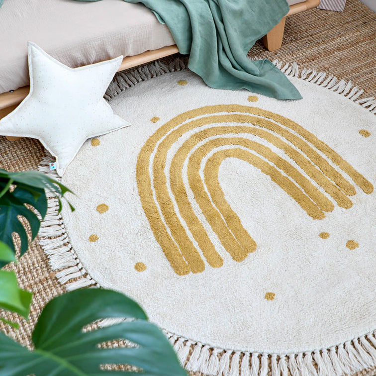 tapis arc en ciel bande beige pret du lit enfant