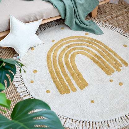 tapis arc en ciel bande beige pret du lit enfant