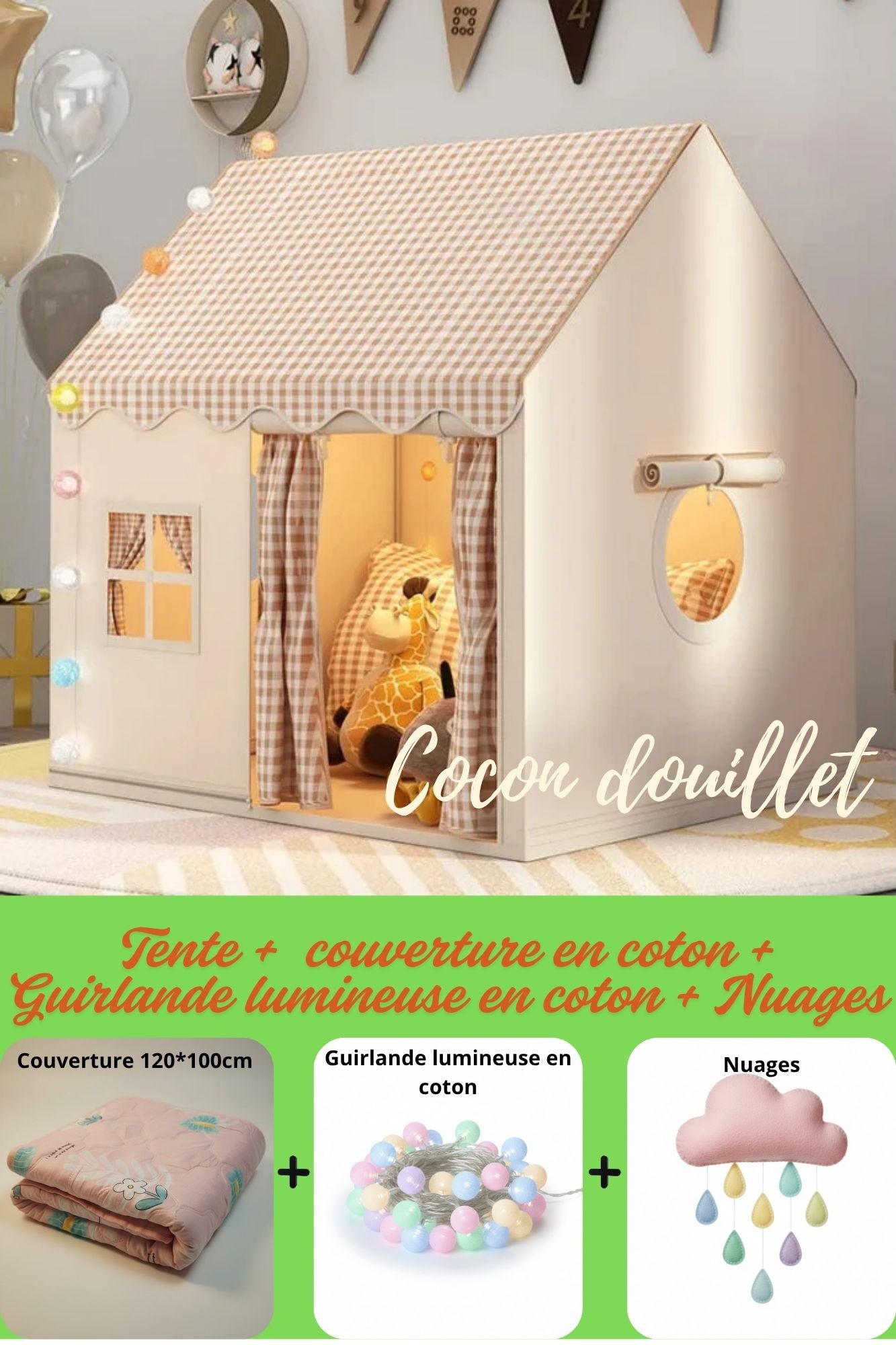tente beige couverture en coton guirlandelumineuse en coton nuages
