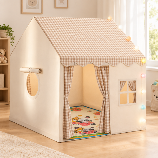 Tente beige et tapis panda réunis dans une chambre d’enfant