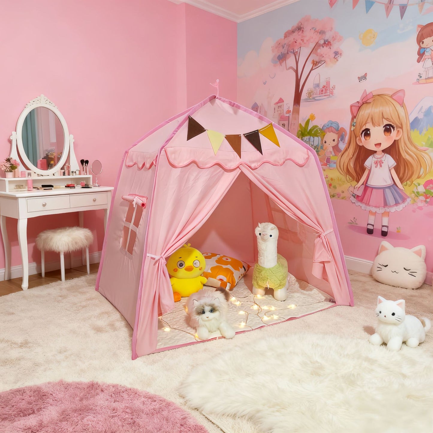 tente de jeu enfant intérieur cabane maison pliable foldtent rose sur tapis