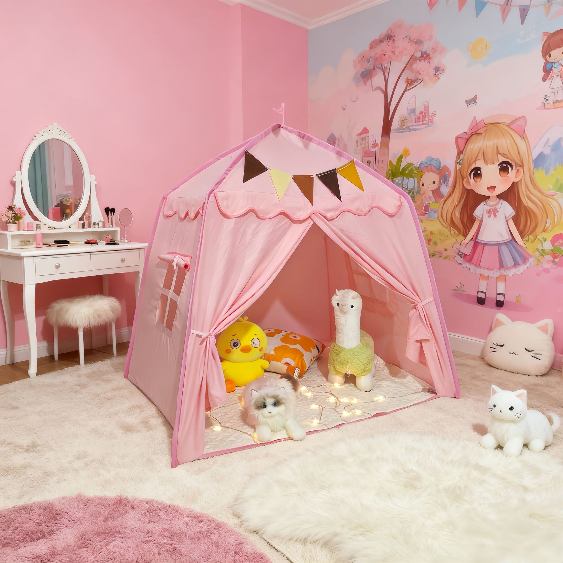 tente de jeu enfant intérieur cabane maison pliable foldtent rose sur tapis