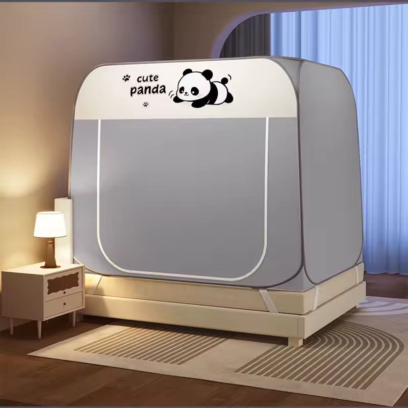 tente de lit enfant yourte rectangulaire gris motif panda sur lit