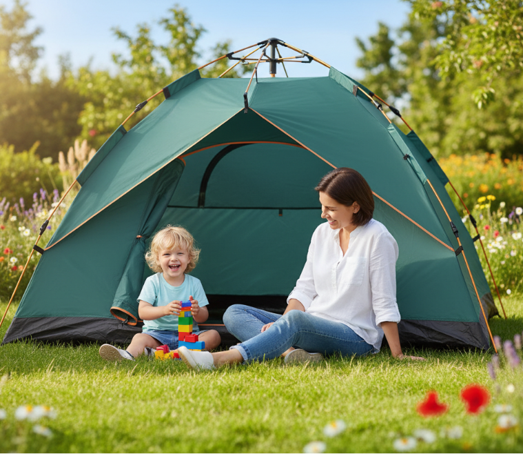 tente pop-up enfant portable OutdoorFree dans jardin avec enfant et parent