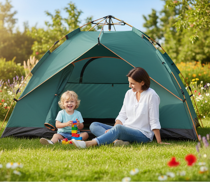 tente pop-up enfant portable OutdoorFree dans jardin avec enfant et parent