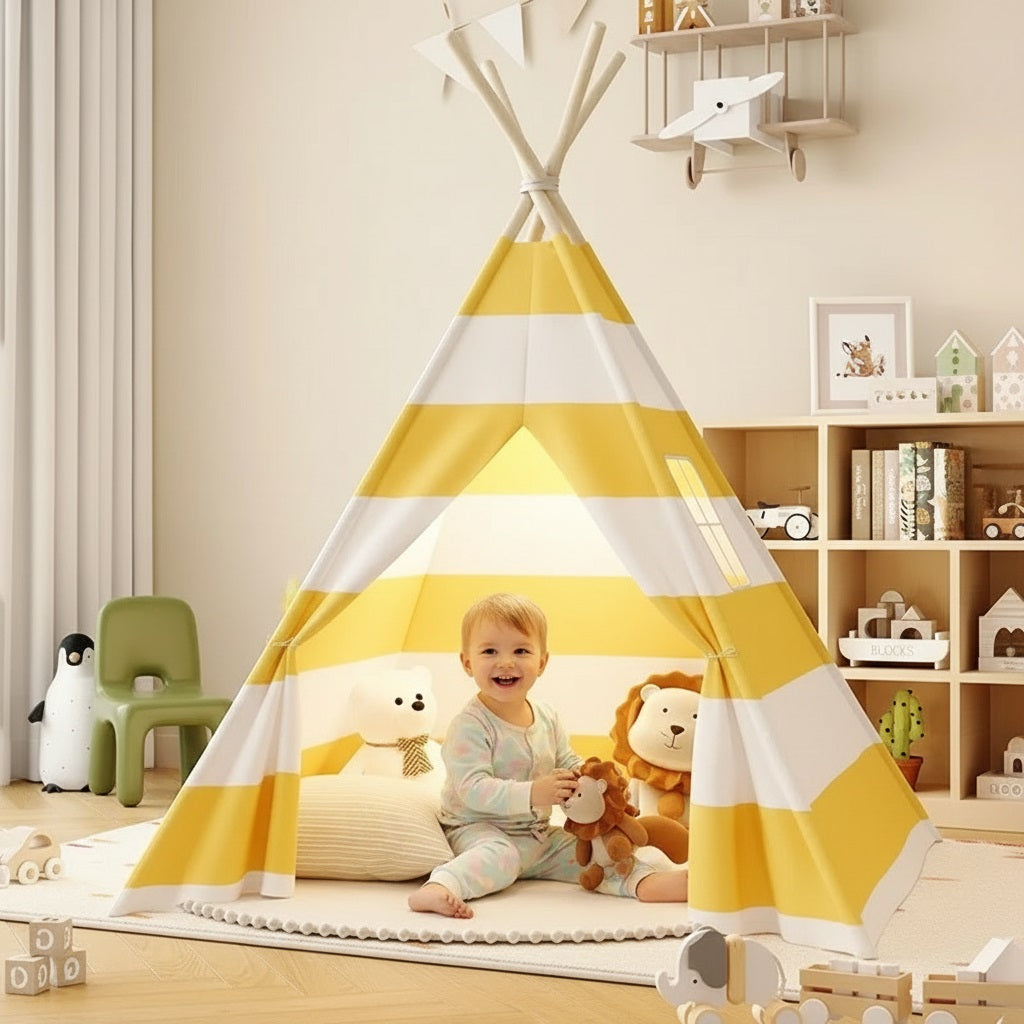 tipi enfant jaune et blanc mueyel avec enfant assis dedans